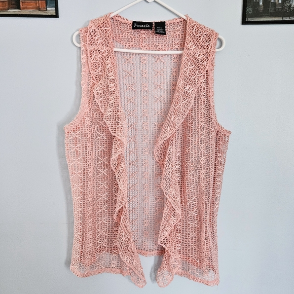 Frazzle Jackets & Blazers - 5/$30 Frazzle Light Pink Silky Crochet Ruffle Open Front Coquette Vest Size L